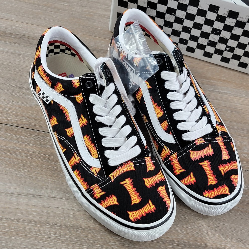 New Vans Skate Old Skool Thrasher Black Multi Flame Skateboarding Shoes - Picture 2 of 5